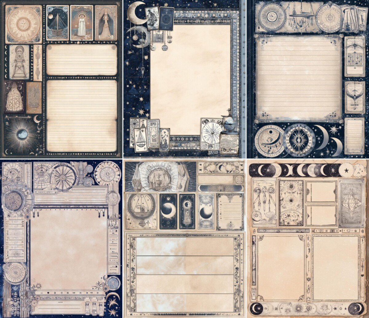 Tarot-inspired paper previews with small illustrated cards and open journal panels