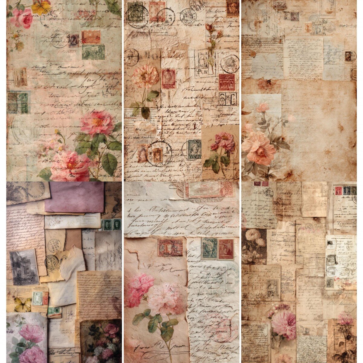 Vintage postal collage digital paper preview with floral details and faded script