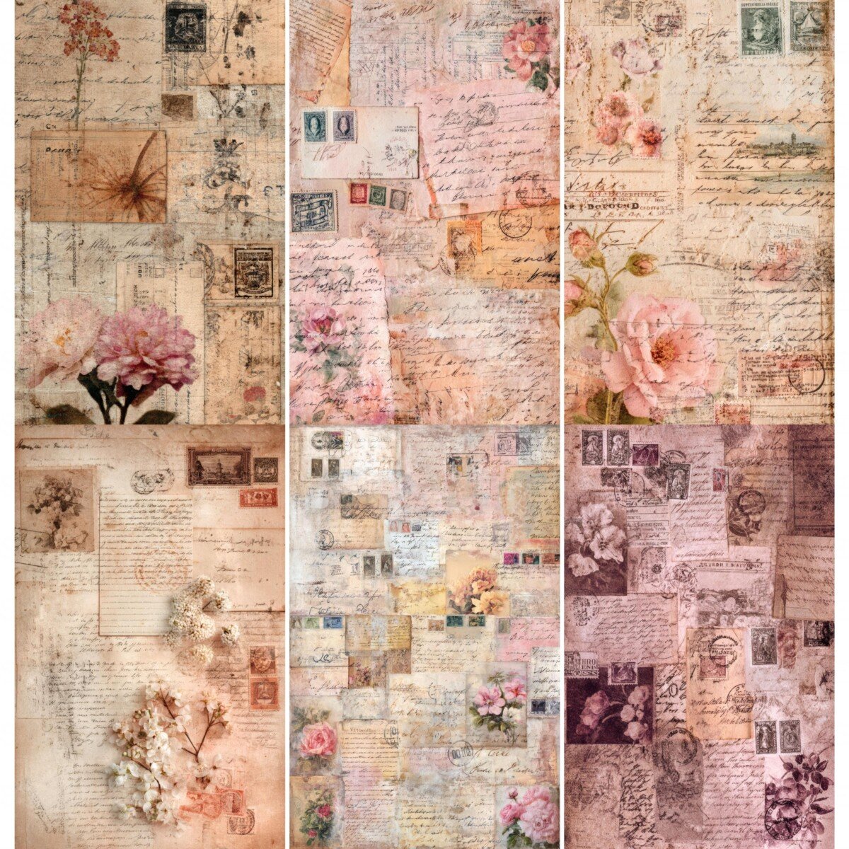 Vintage postal collage digital paper preview with floral details and faded script