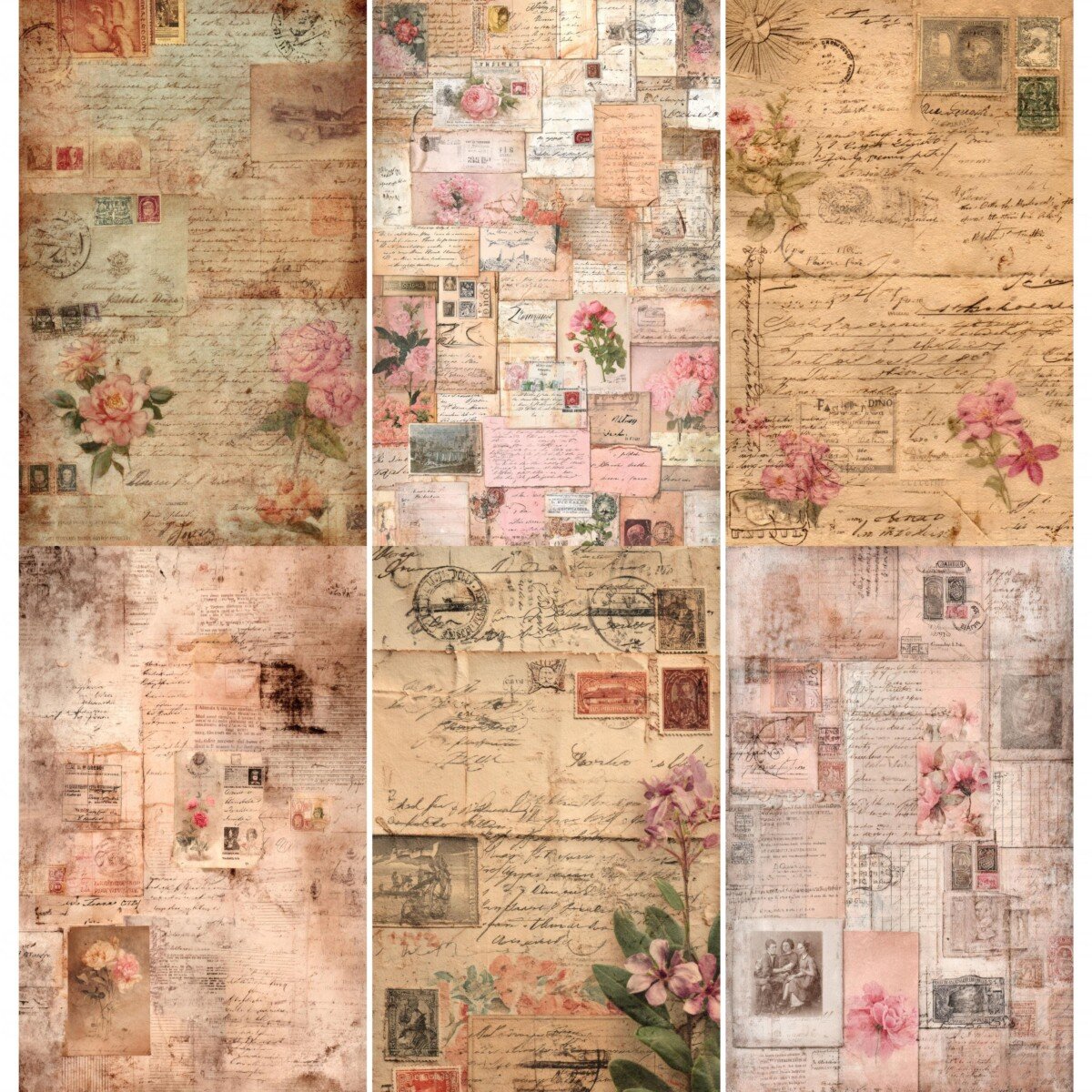 Vintage postal collage digital paper preview with floral details and faded script