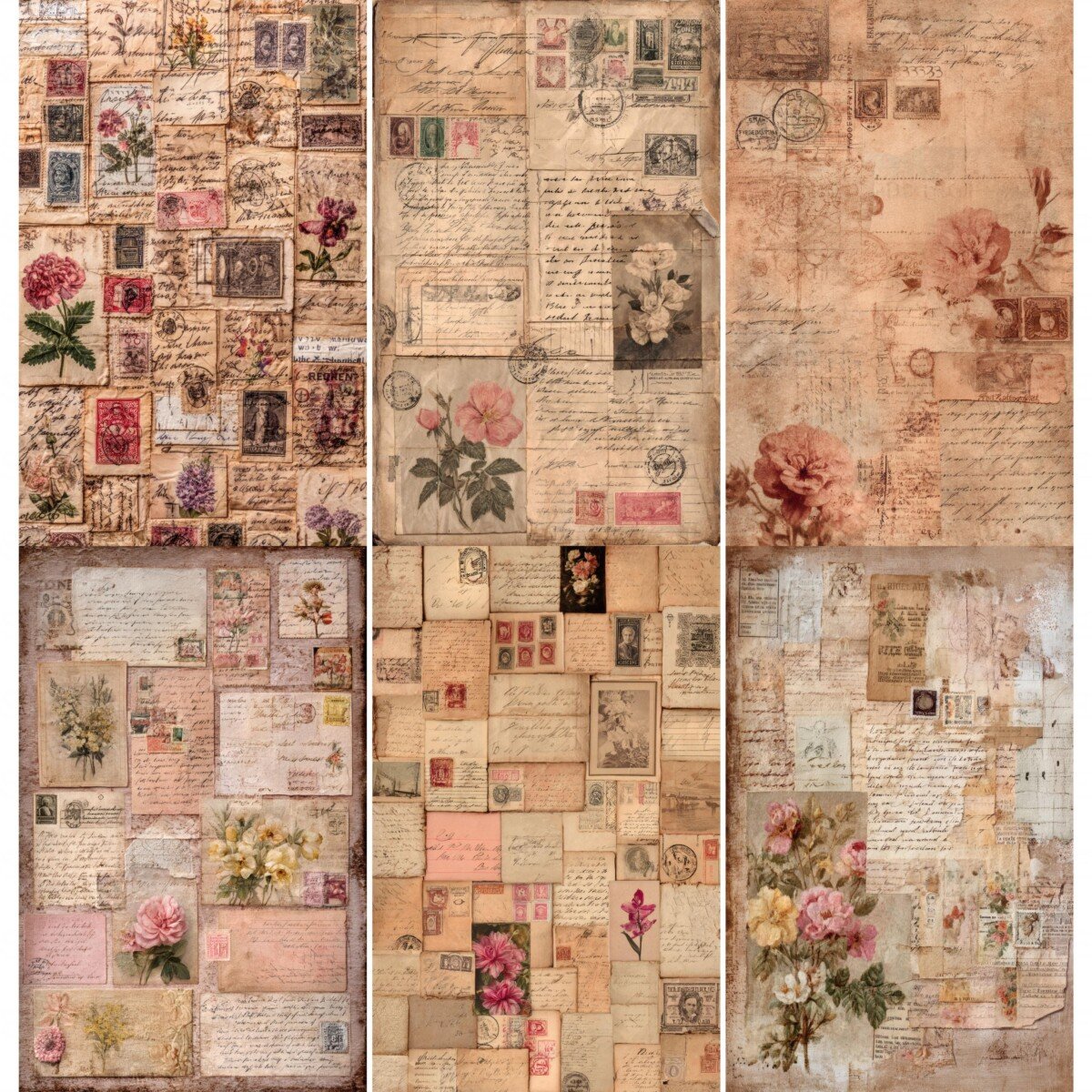 Vintage postal collage digital paper preview with floral details and faded script