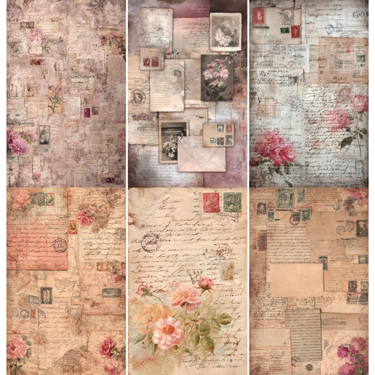 Vintage postal collage digital paper preview with floral details and faded script