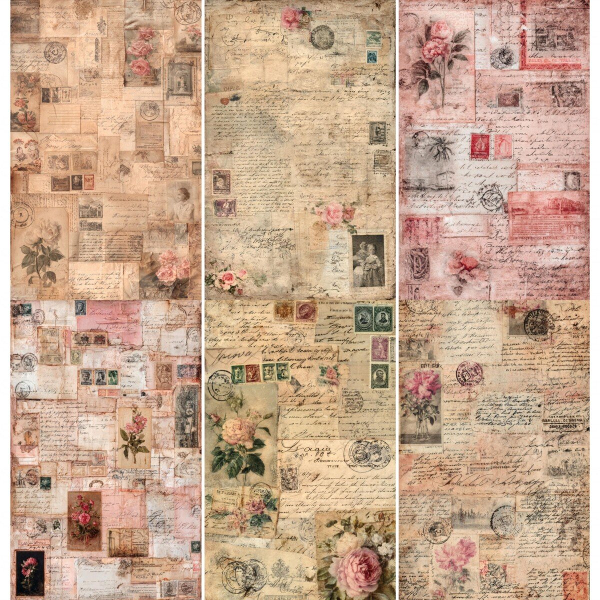 Vintage postal collage digital paper preview with floral details and faded script