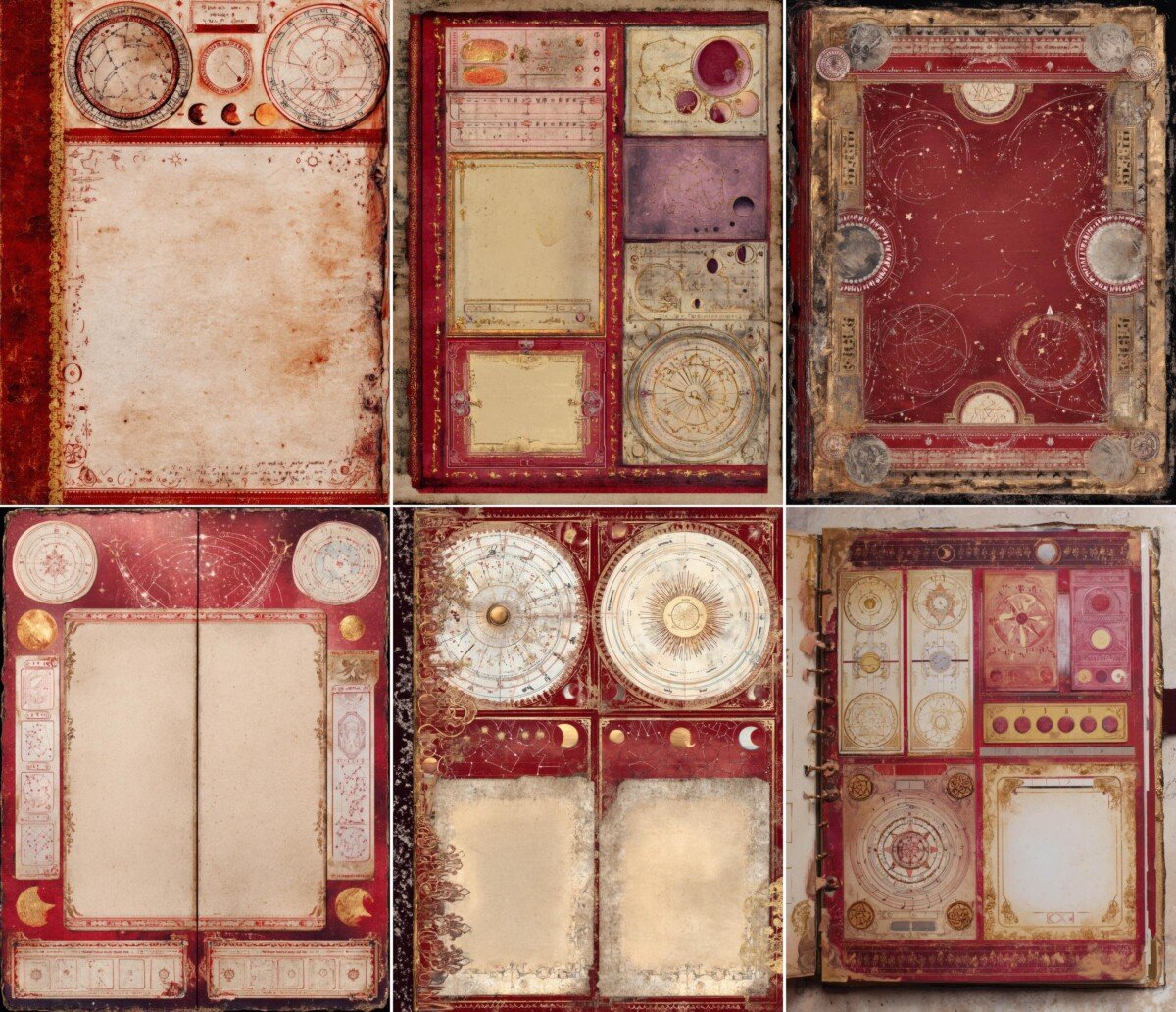 Celestial circles and pale writing spaces on crimson journal paper