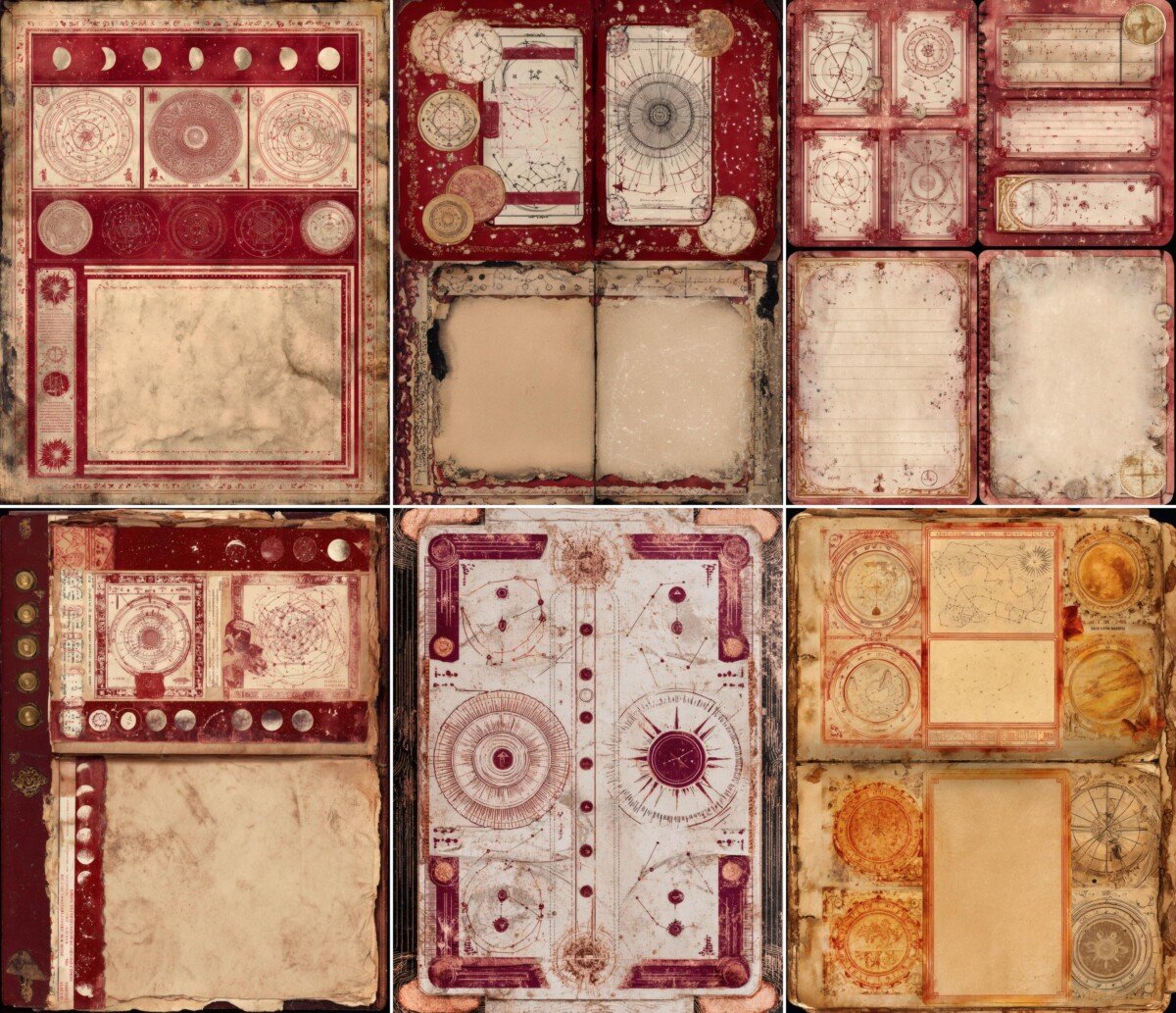 Red and cream constellation layouts with aged ornamental borders