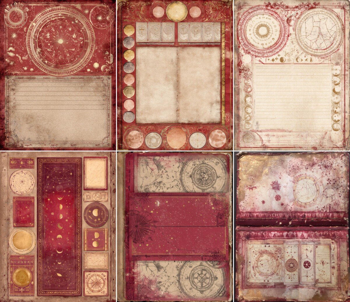 Constellation-inspired pages with moon circles and ornate red frames