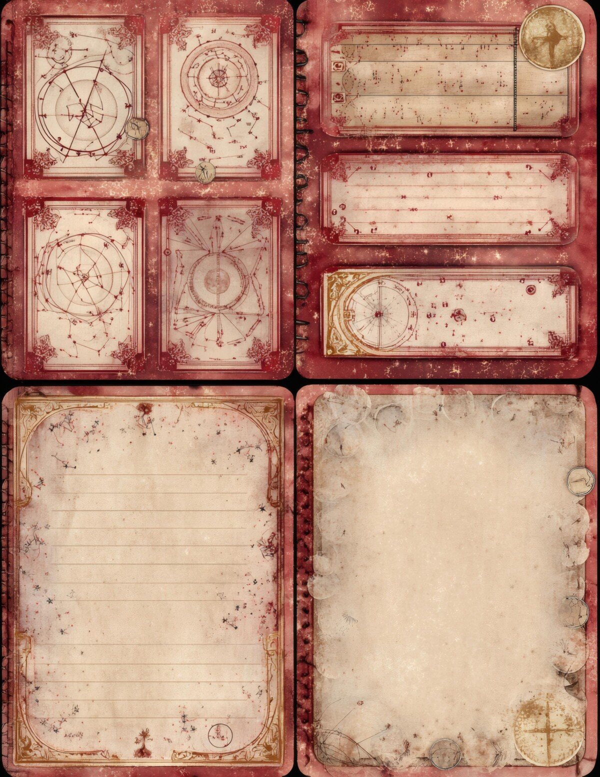 Multiple cream writing panels within weathered crimson borders