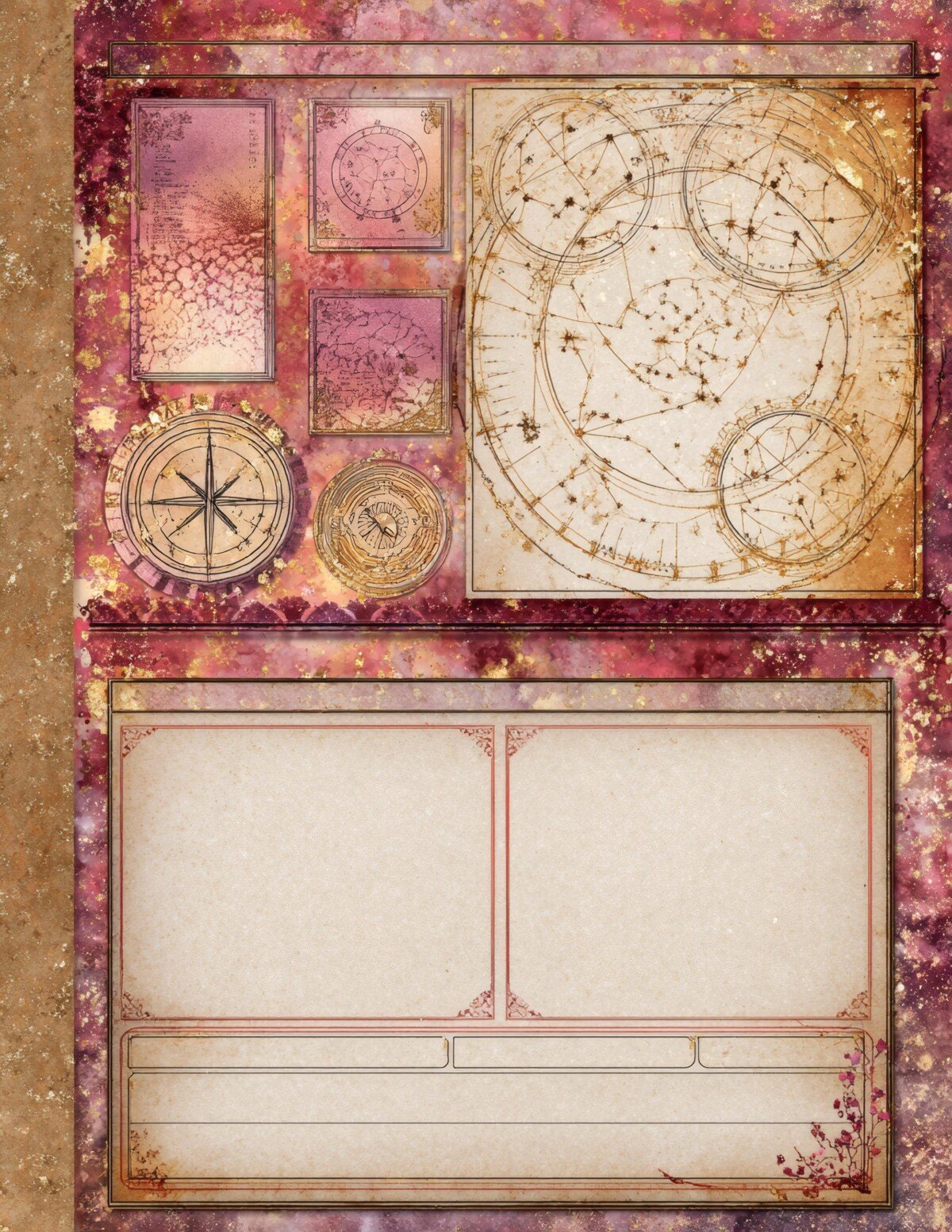 Pale constellation diagram beside crimson panels and a compass-like ornament