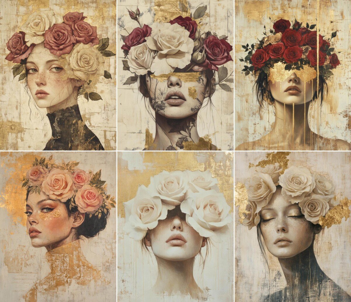 rose – 52 Rose Woman Pages, Vintage Portrait Junk Journal Kit, Gold Beige Scrapbook Paper Pack, Elegant Journal Printable, Digital Download
