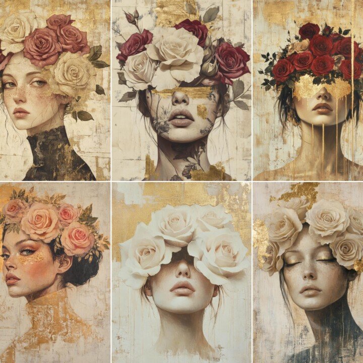 rose – 52 Rose Woman Pages, Vintage Portrait Junk Journal Kit, Gold Beige Scrapbook Paper Pack, Elegant Journal Printable, Digital Download