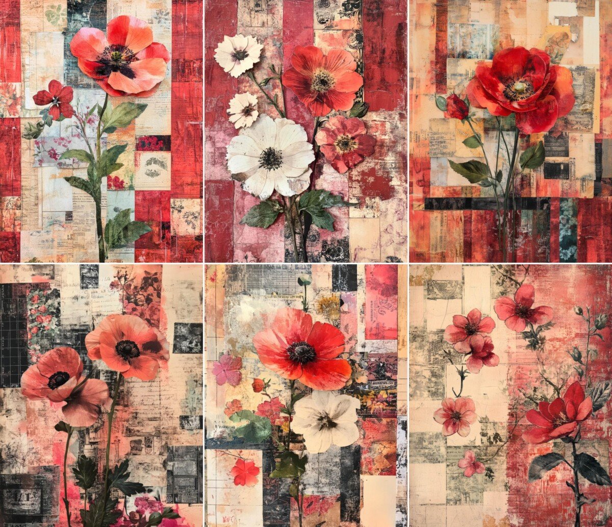 red – 52 Red Floral Pages, Vintage Ephemera Junk Journal