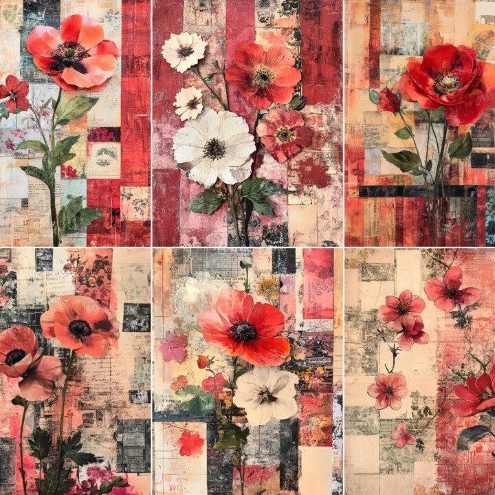 red – 52 Red Floral Pages, Vintage Ephemera Junk Journal