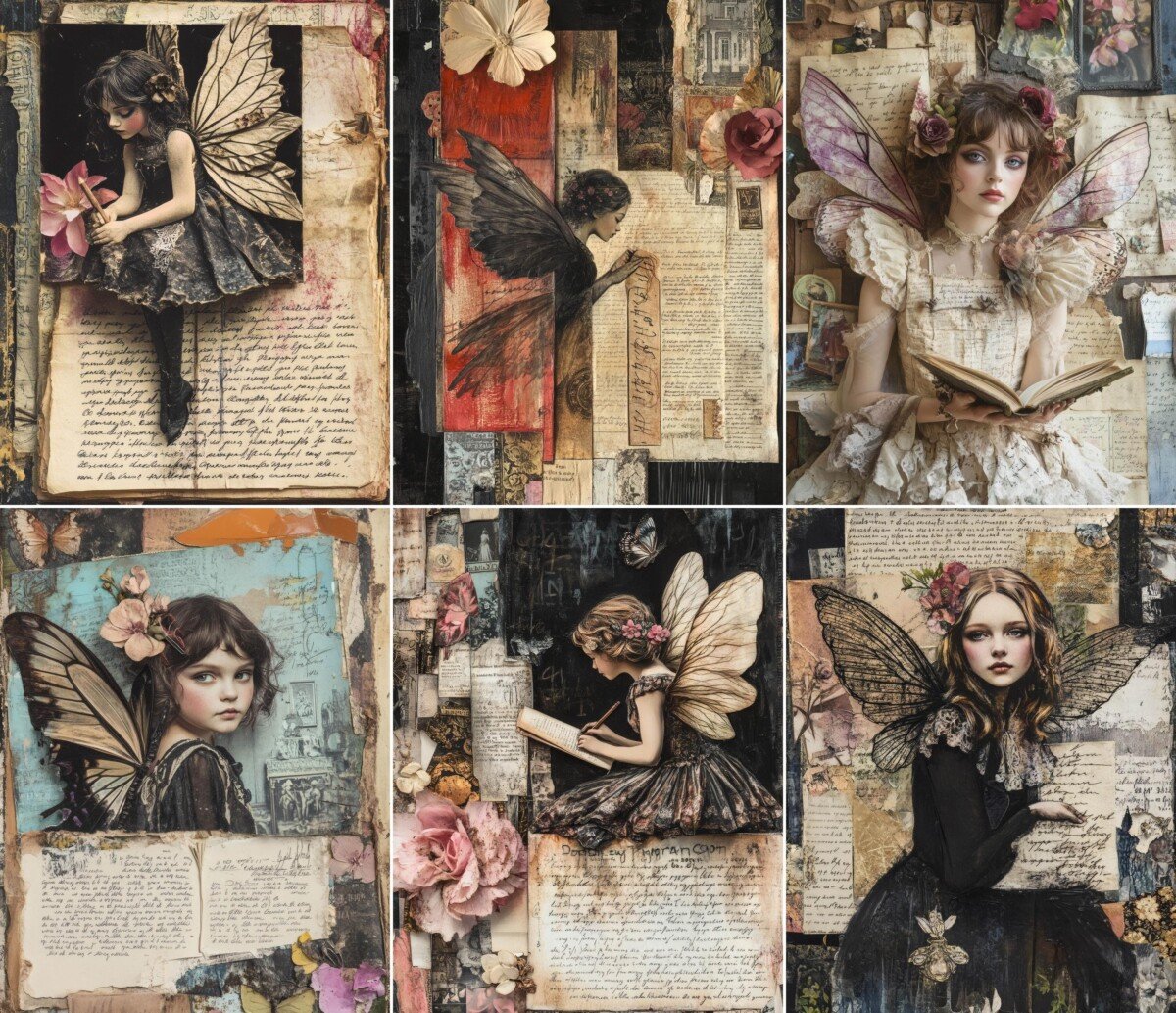 Gothic fairy collage pages with torn manuscript papers and muted red accents