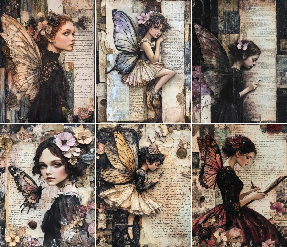 Dark academia fairy portrait collage with aged papers and floral details