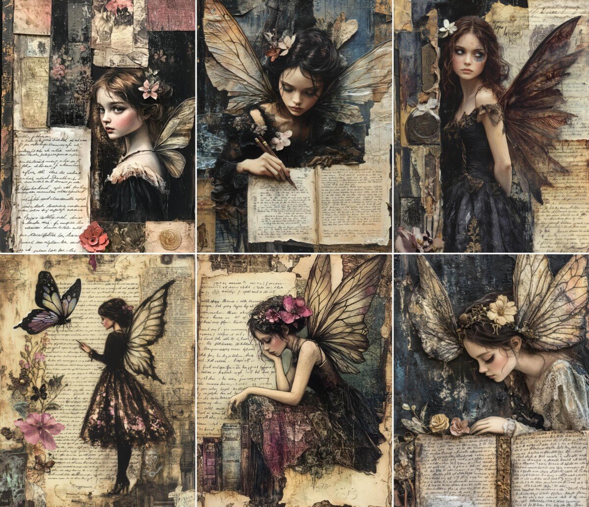 Dark fairy journal page collage with antique script and parchment layers