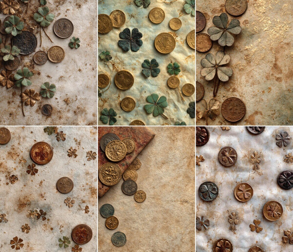 Vintage clover journal page collection with green charms and antique-style coin details