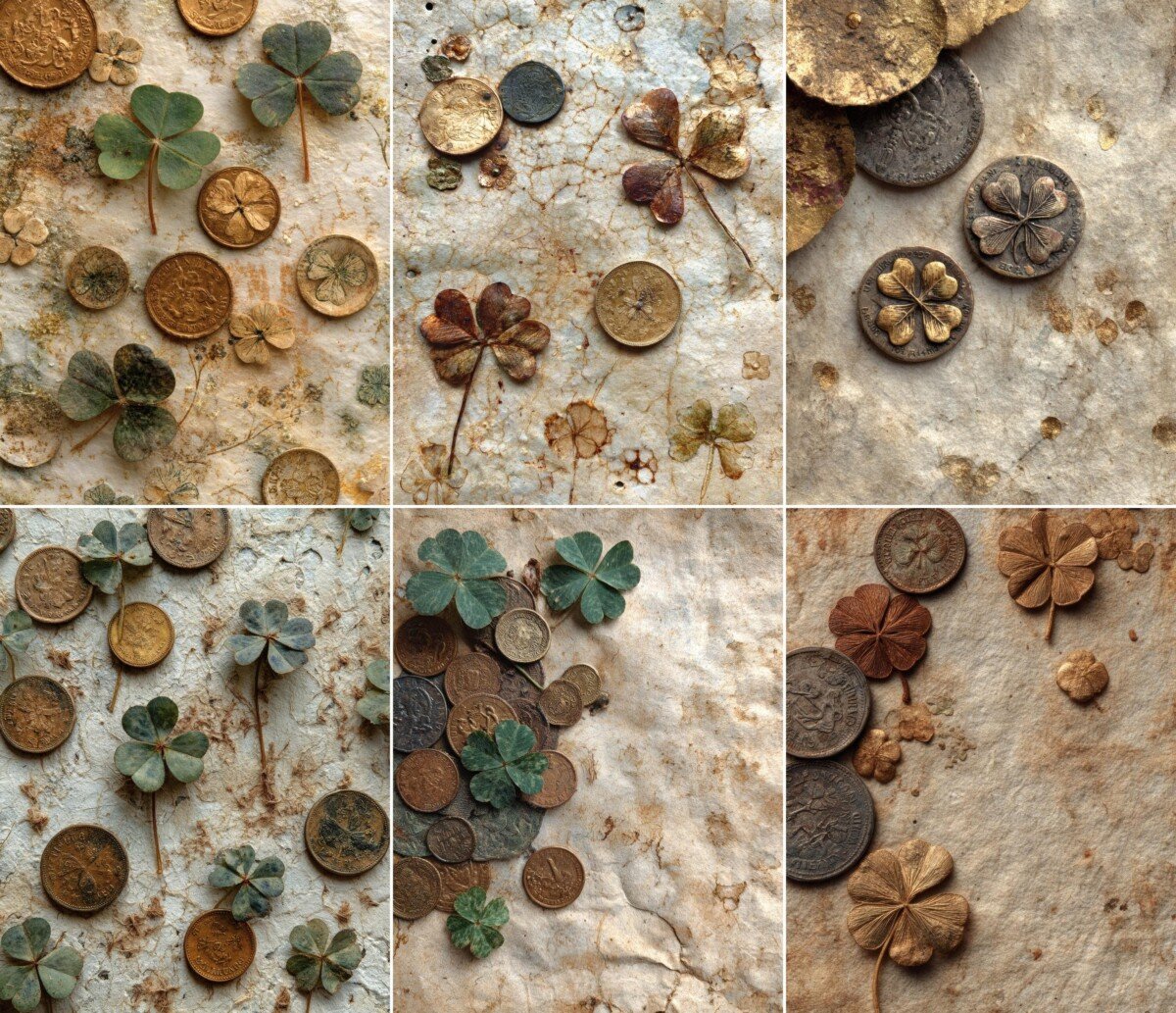 Vintage clover collage previews with weathered cream paper and muted green details