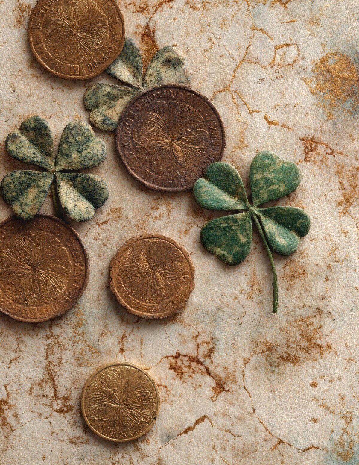 Clover and bronze coin close-up on softly distressed botanical paper