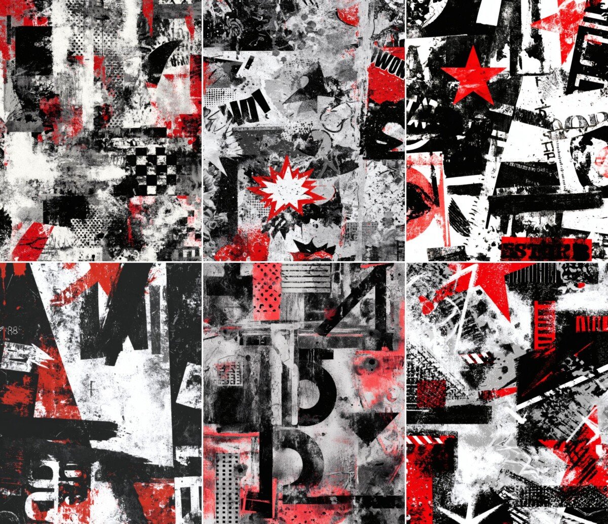 Punk-inspired paper collection with angular shapes and red printed details