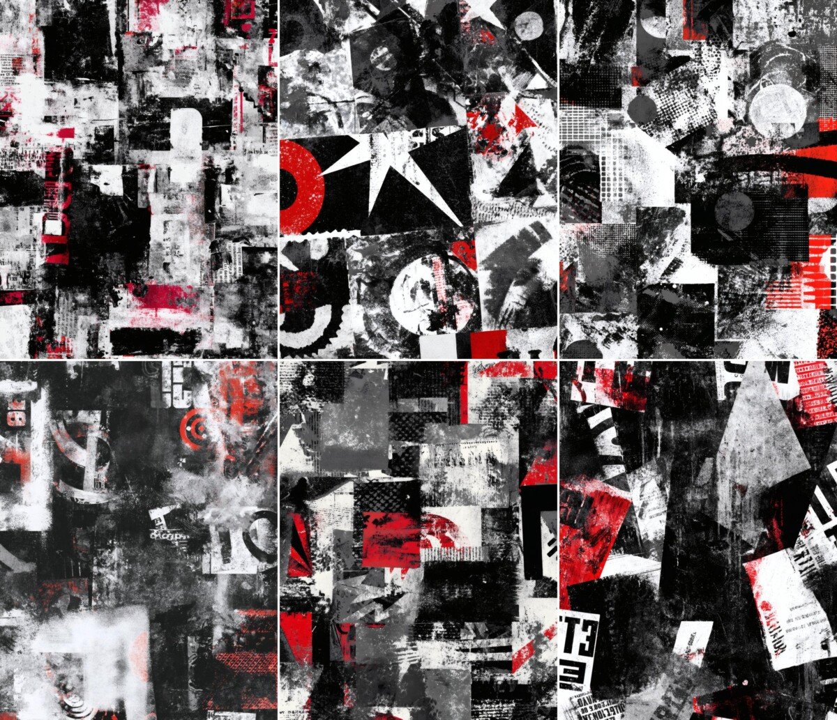 Grunge digital paper with oversized letter fragments and red accents
