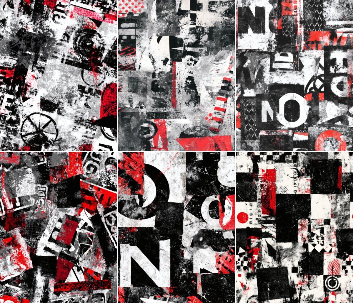 Punk grunge journal pages with bold black white and red collage textures