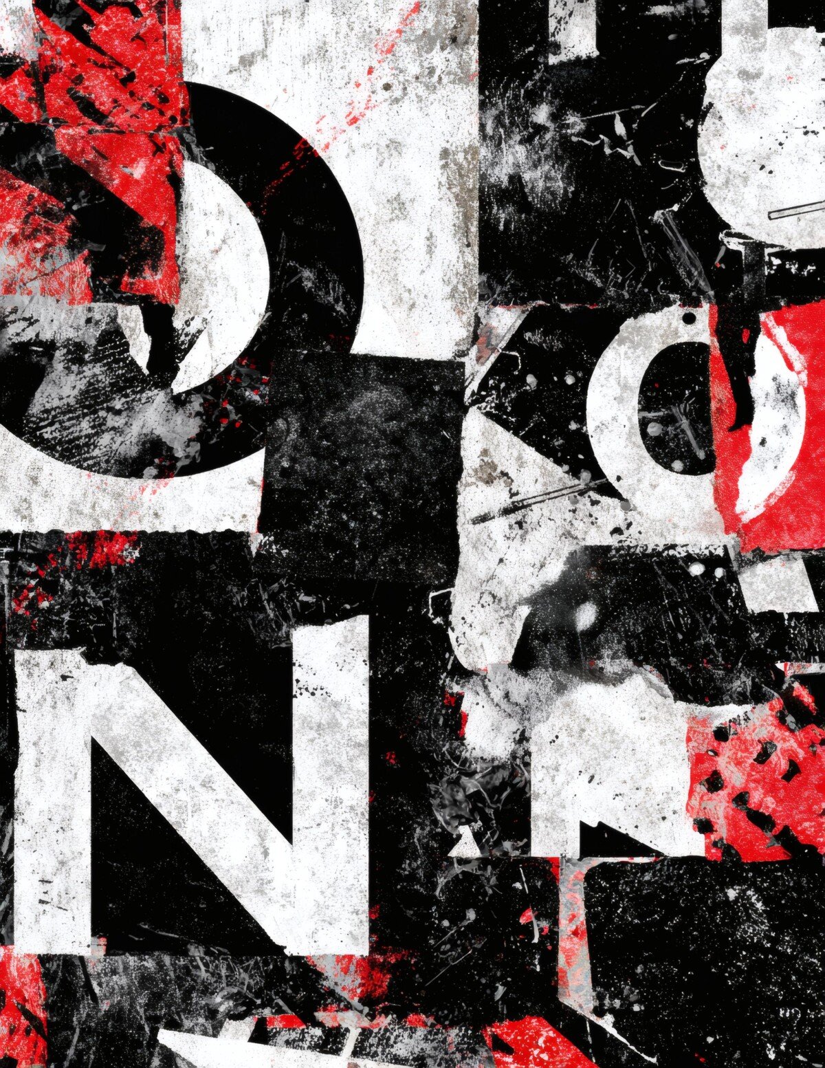 Black and white curved shapes with vivid red distressed paper accents