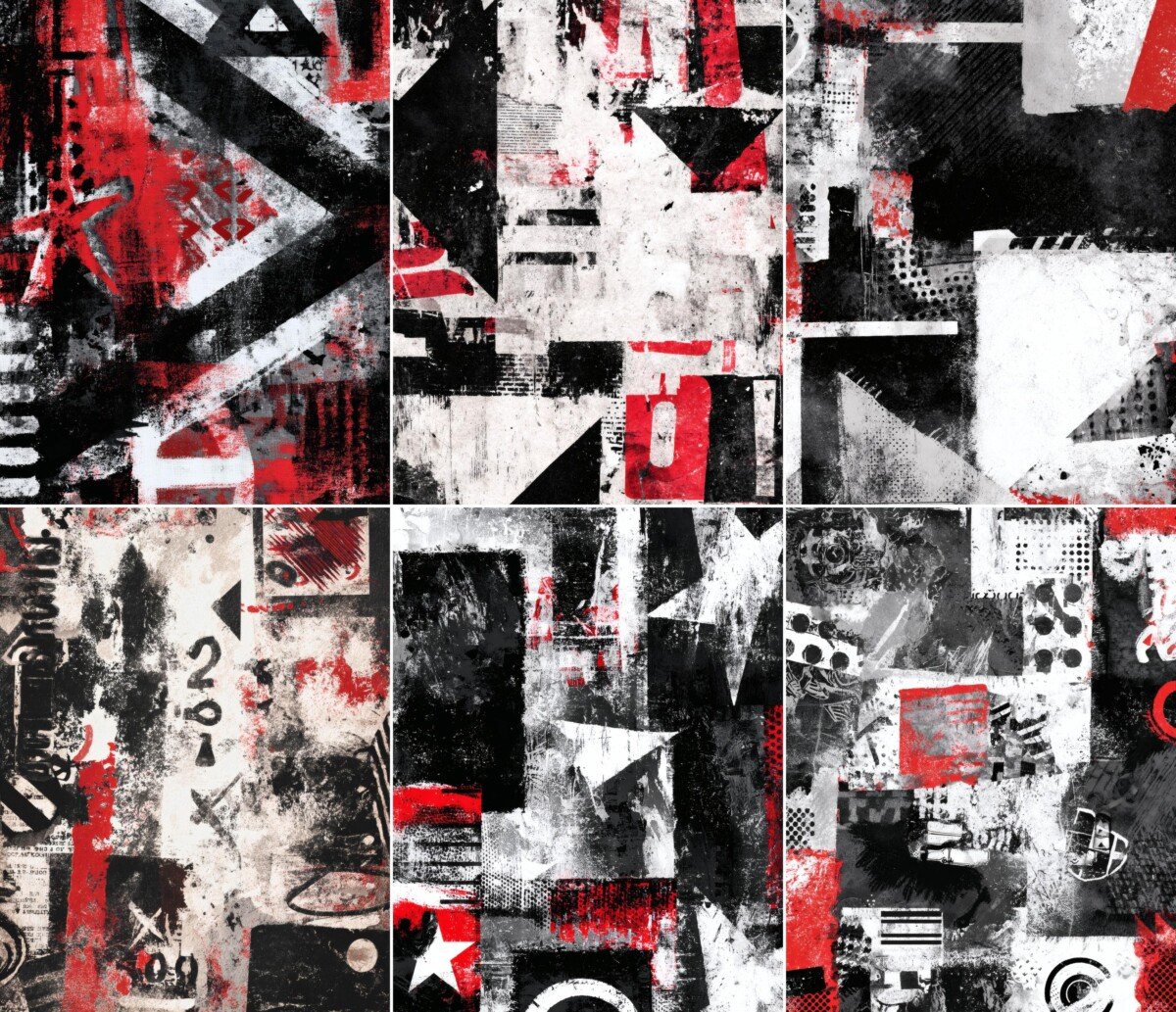 Grunge collage papers with torn poster effects and high-contrast patterns
