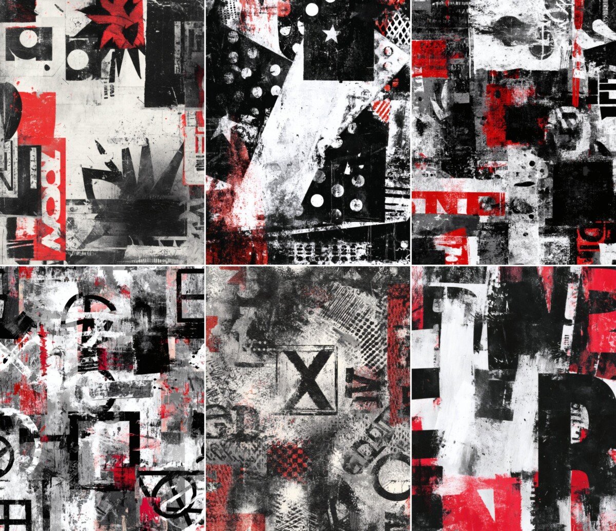 Abstract punk paper textures with rough marks and fragmented lettering