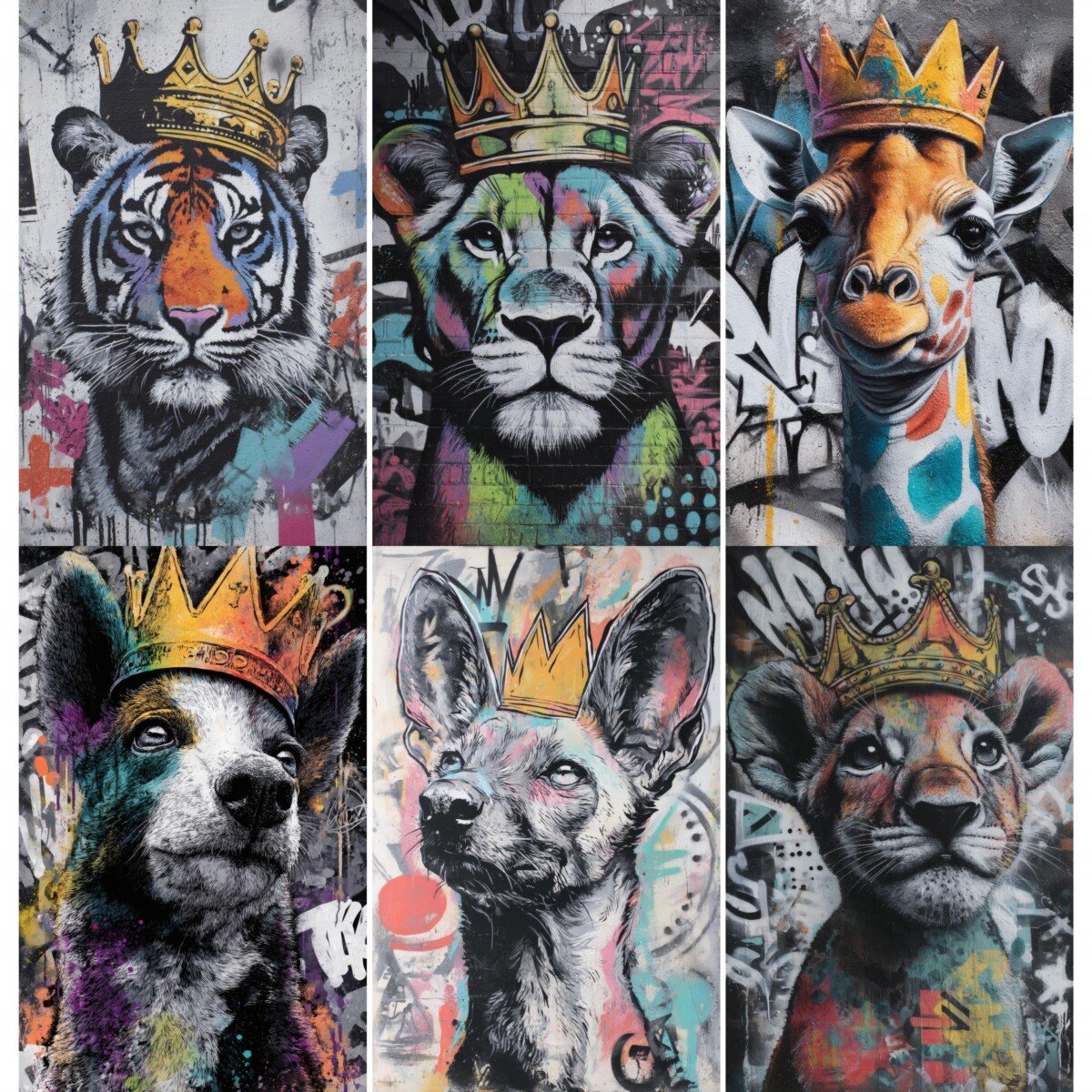 Animal digital paper preview with colorful crowned portraits and graffiti marks