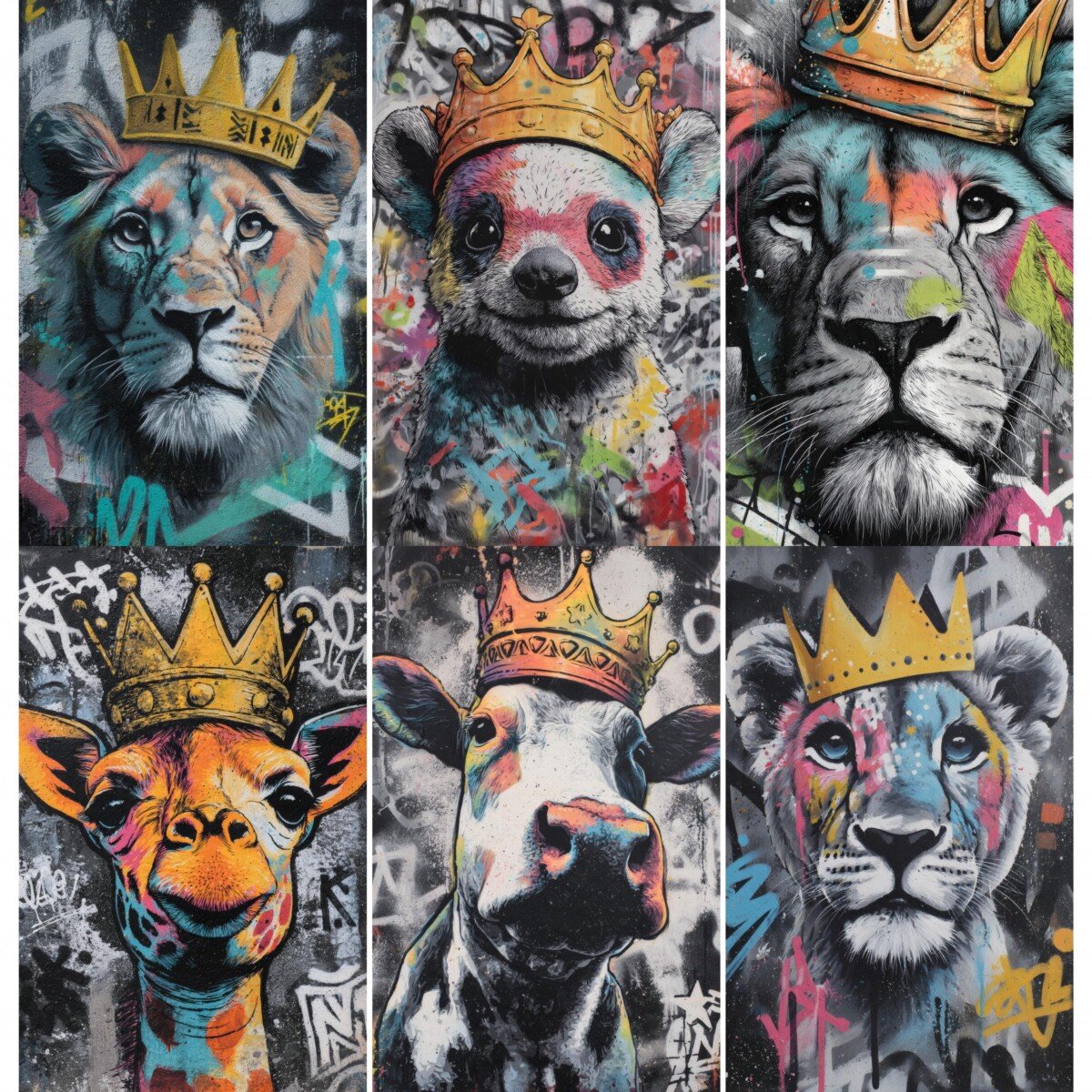 Animal digital paper preview with colorful crowned portraits and graffiti marks