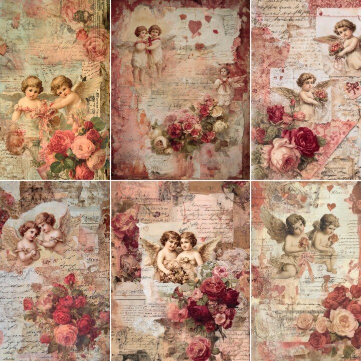 cupid – 38 Cupid Romance Vintage Love Junk Journal Pages