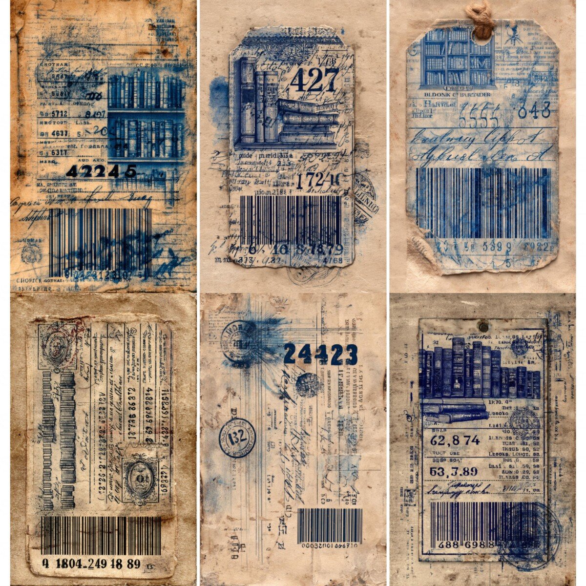 Vintage-style library digital paper with books, ticket motifs and decorative script