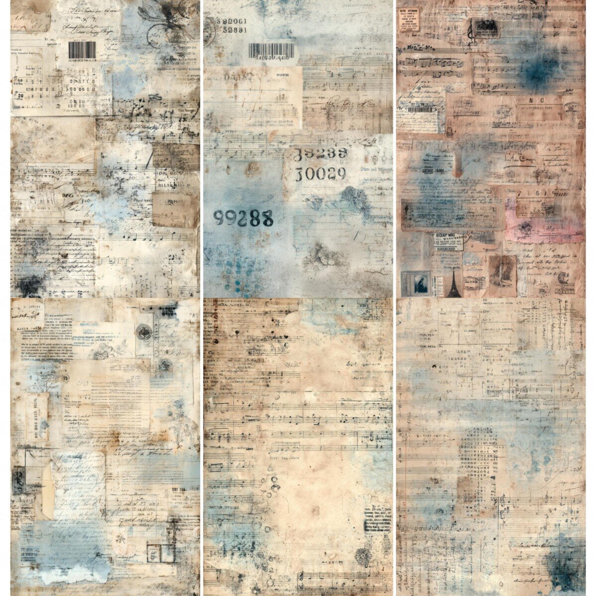 Vintage music junk journal paper with sheet music, handwriting and faded blue washes – preview 4