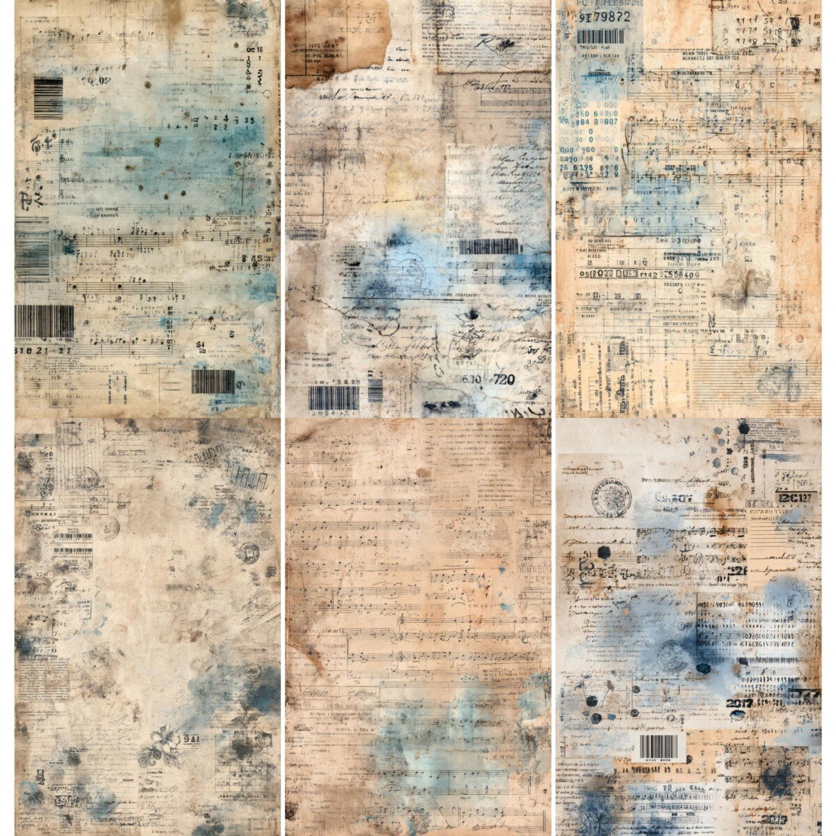 Vintage music junk journal paper with sheet music, handwriting and faded blue washes – preview 3