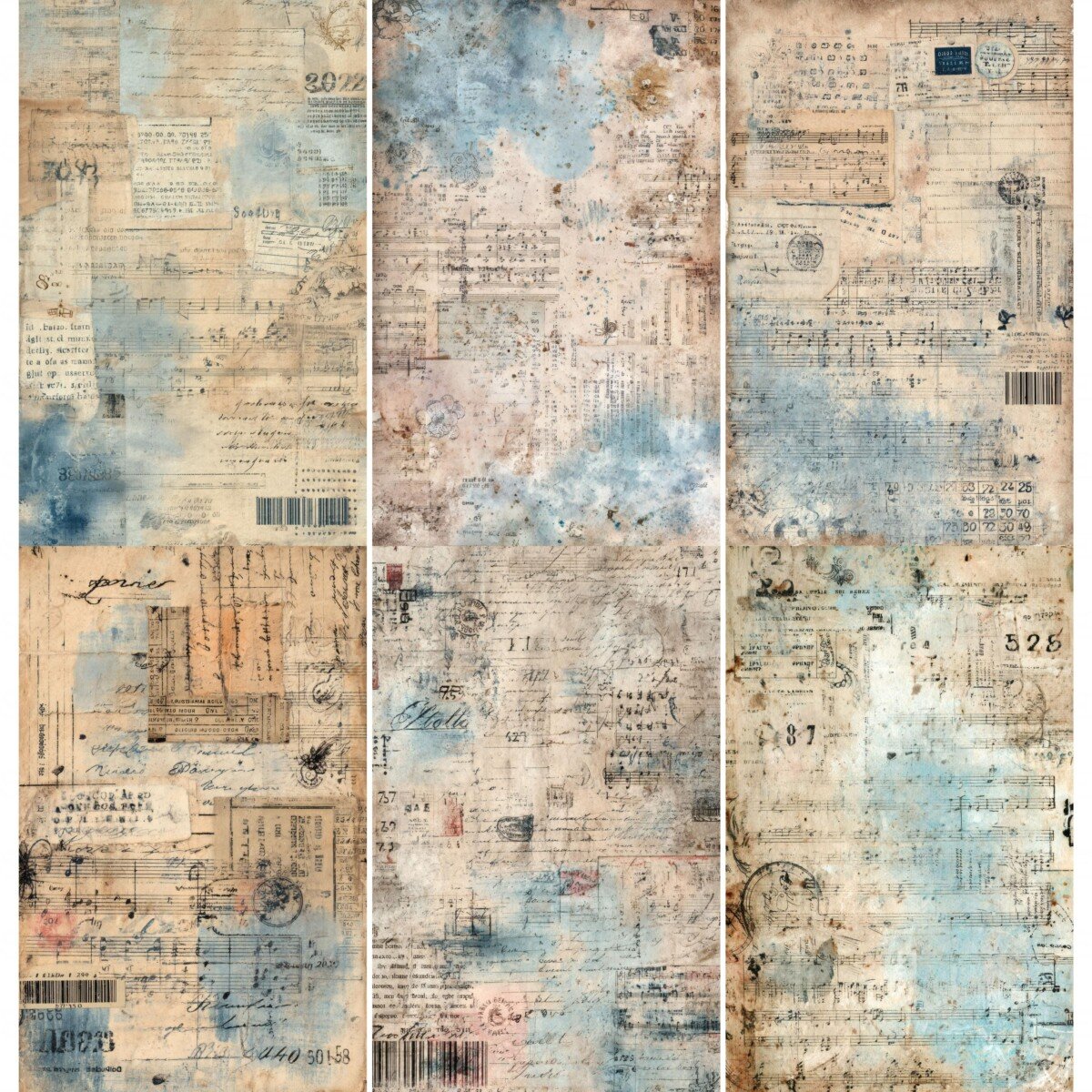 Vintage music junk journal paper with sheet music, handwriting and faded blue washes – preview 5