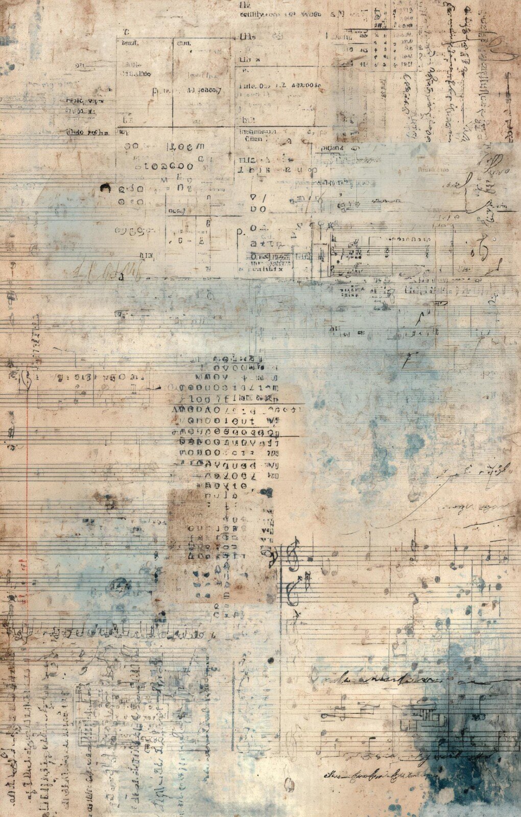 Vintage music junk journal paper with sheet music, handwriting and faded blue washes – preview 9