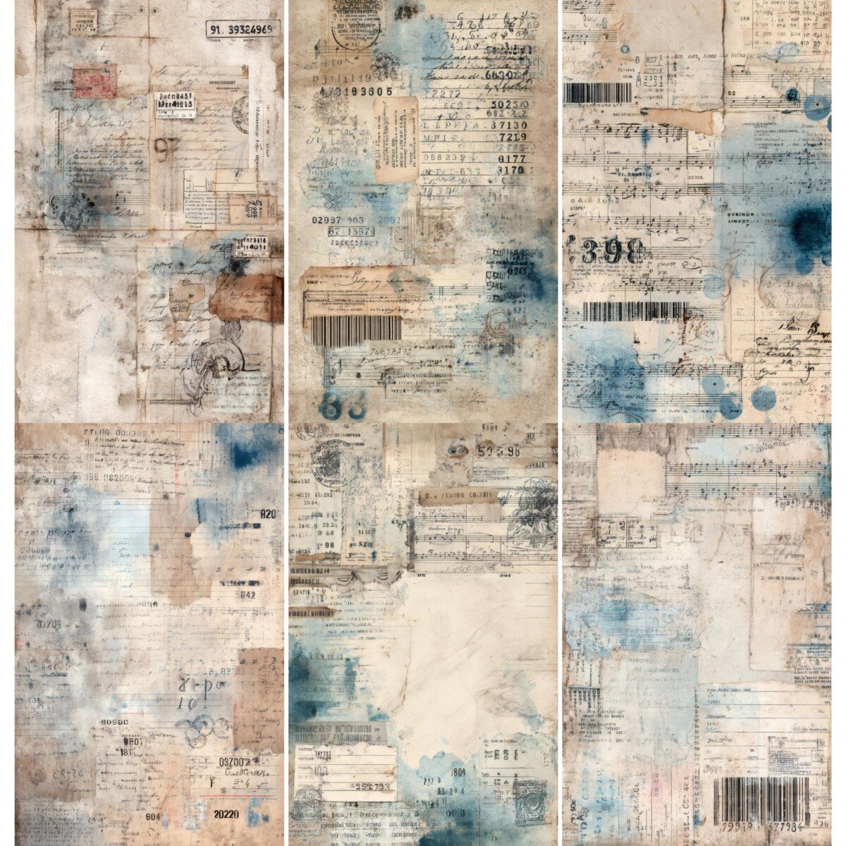 Vintage music junk journal paper with sheet music, handwriting and faded blue washes – preview 8