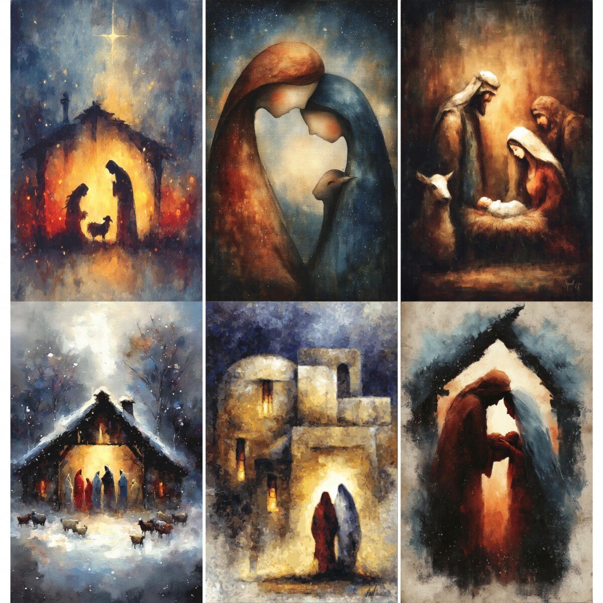 Nativity story journal pages with glowing light and painterly Christmas figures