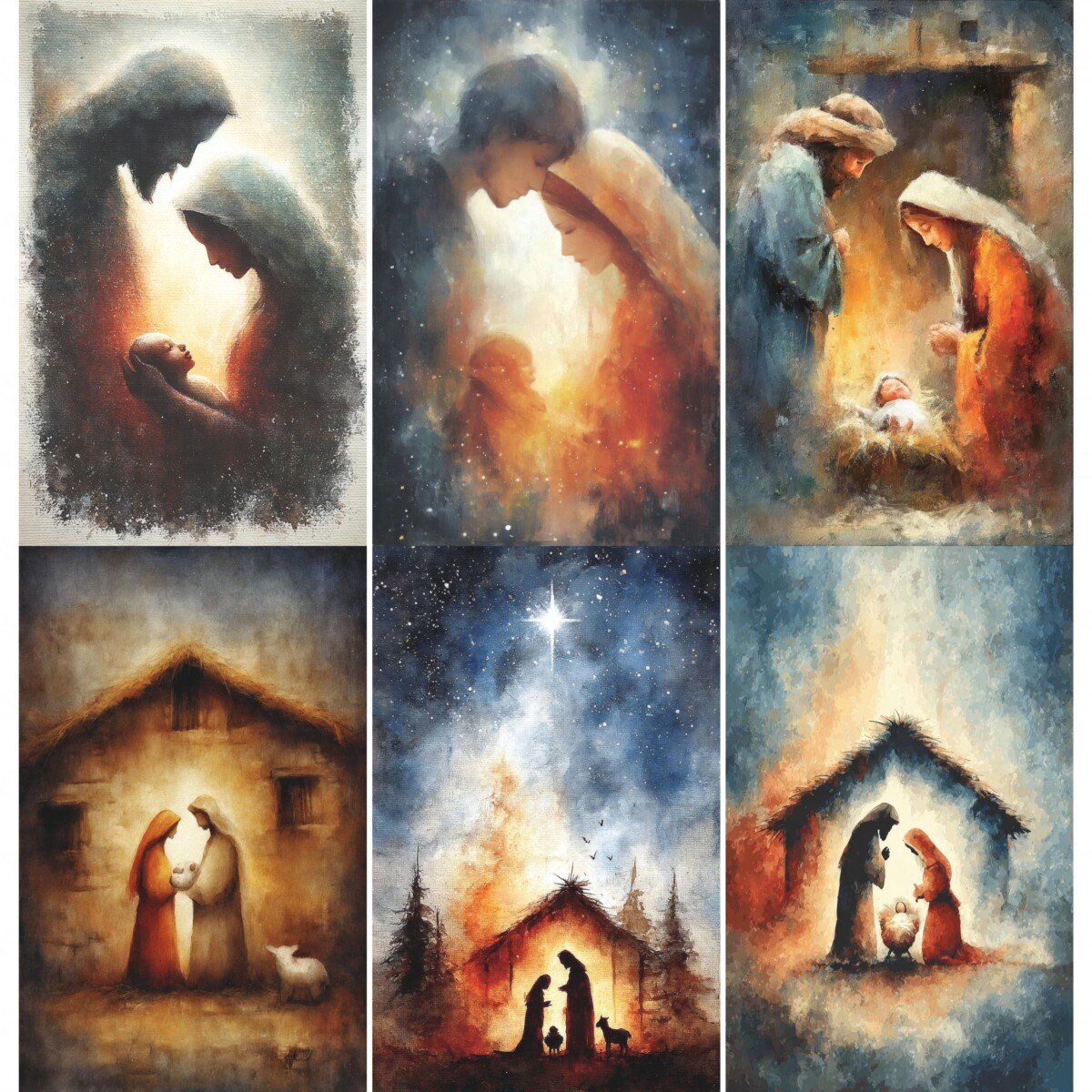 Nativity story journal pages with glowing light and painterly Christmas figures