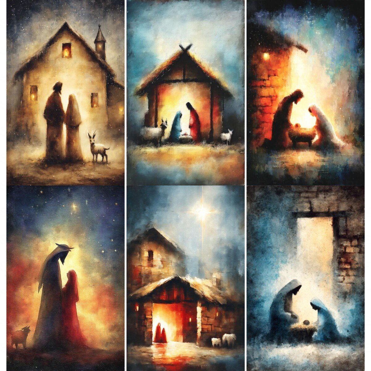 Nativity story journal pages with glowing light and painterly Christmas figures