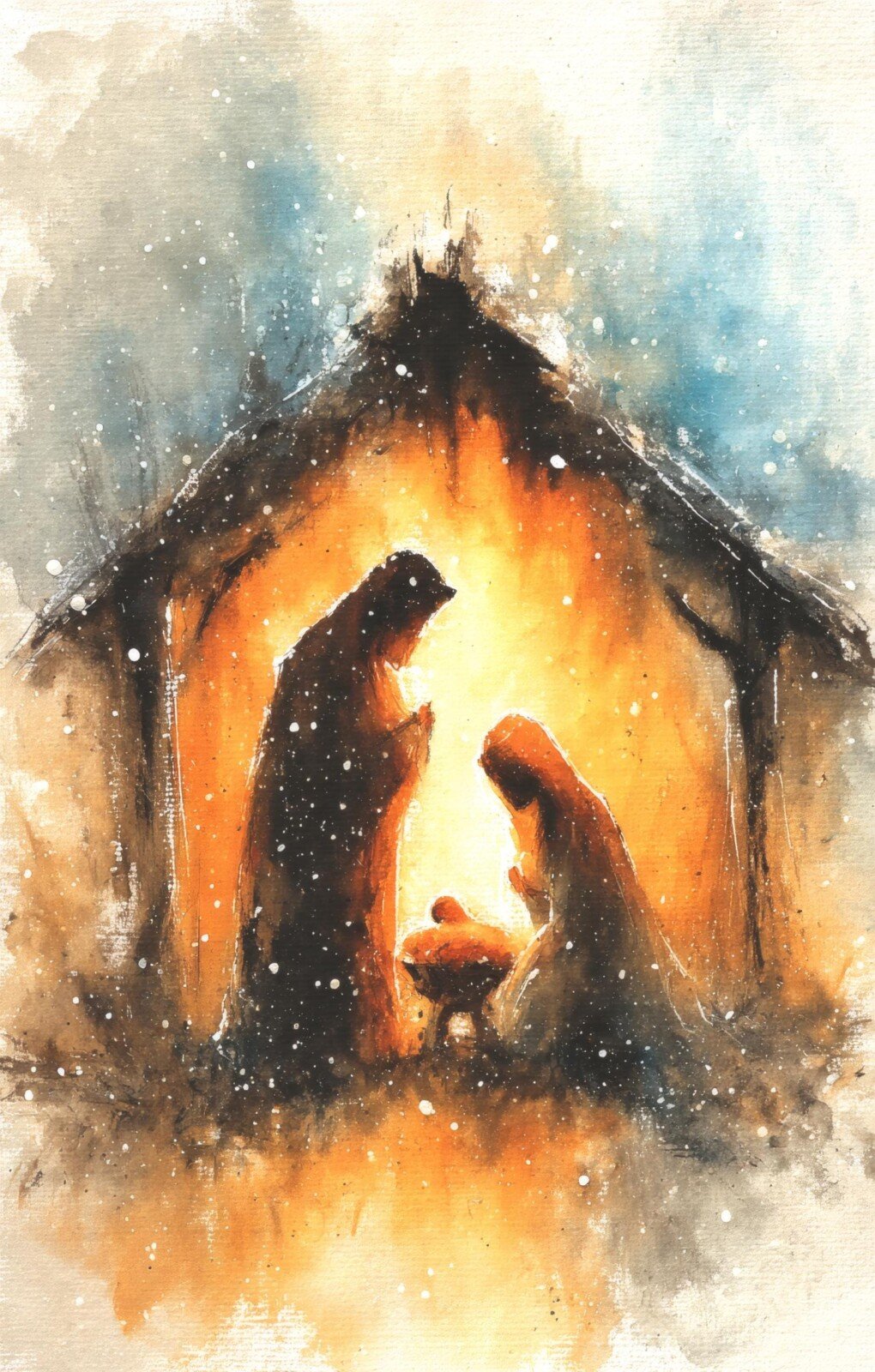 Nativity story journal pages with glowing light and painterly Christmas figures
