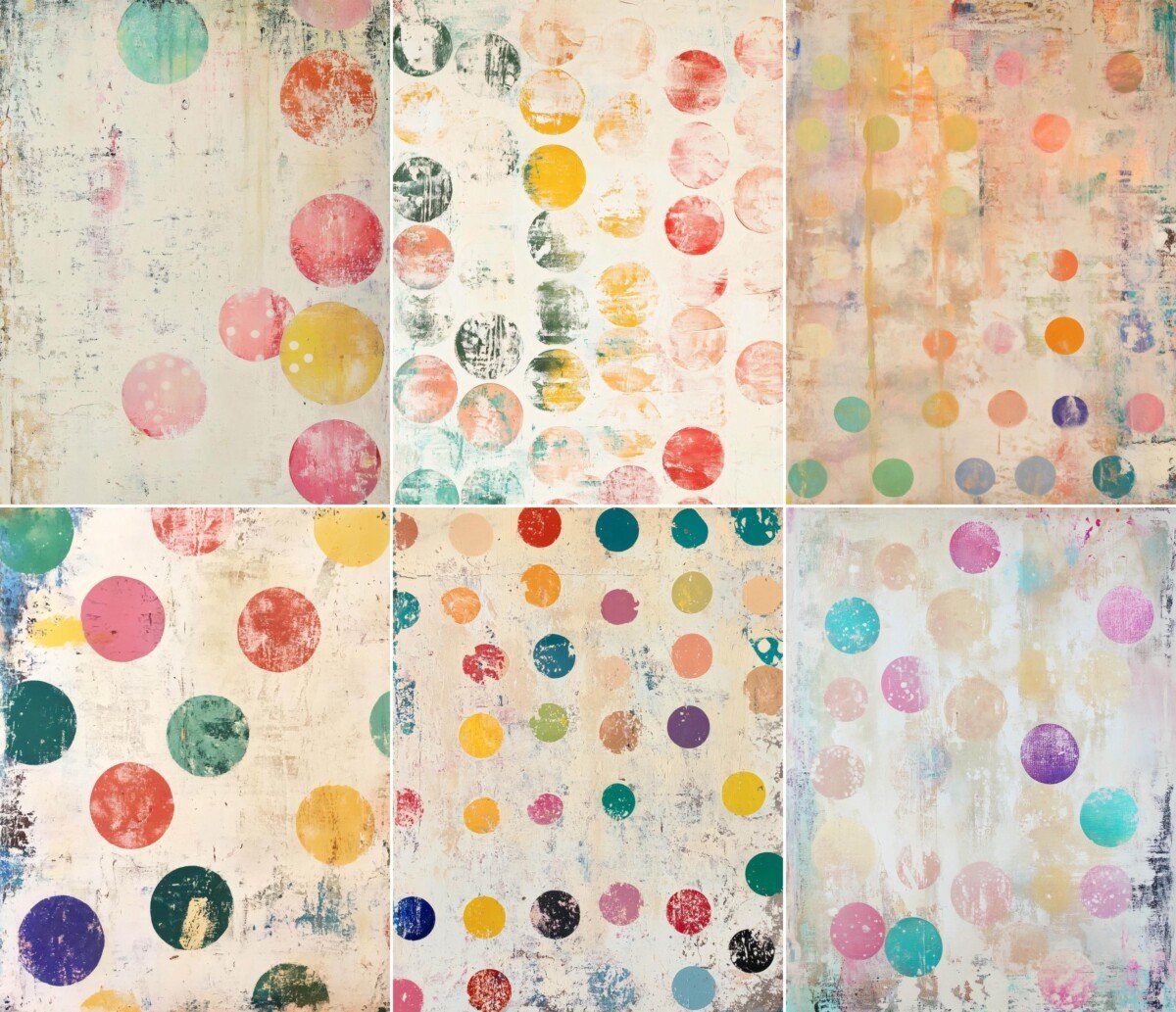 Distressed polka dot journal papers with colorful circles and cream mixed-media textures