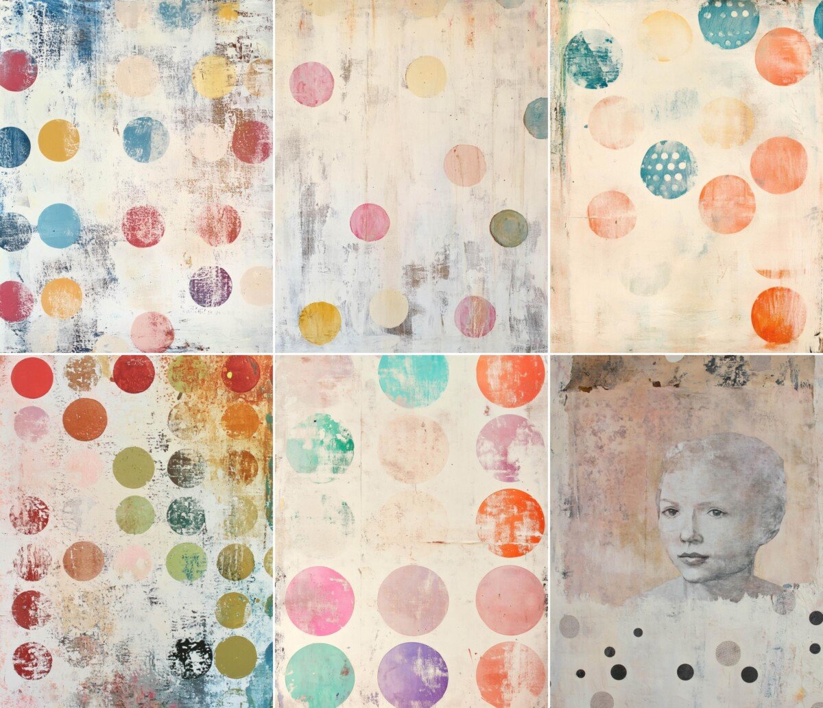 Vintage-style paper backgrounds with scattered circles and faded printing textures