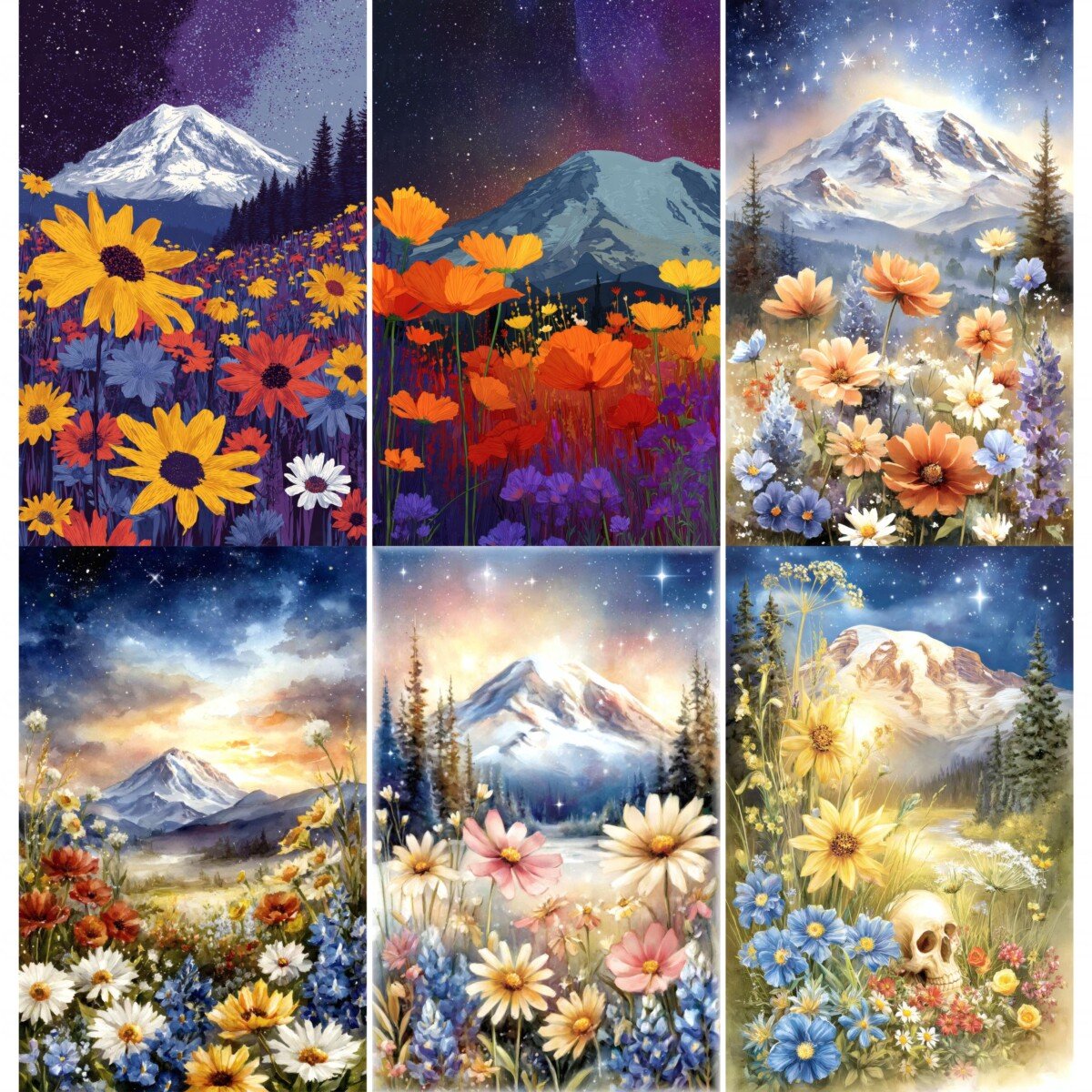 Nature journal page preview featuring mountain scenery and colourful wildflowers