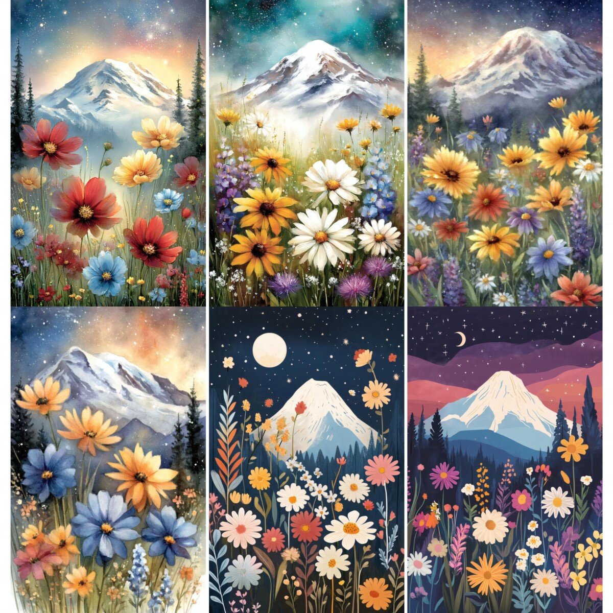 Mountain and wildflower journal pages with colourful meadows and starry skies