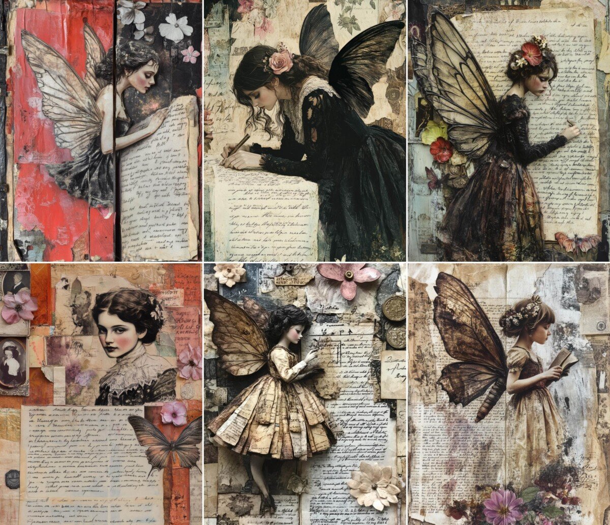 Winged fairy figures against handwritten parchment and dark collage textures