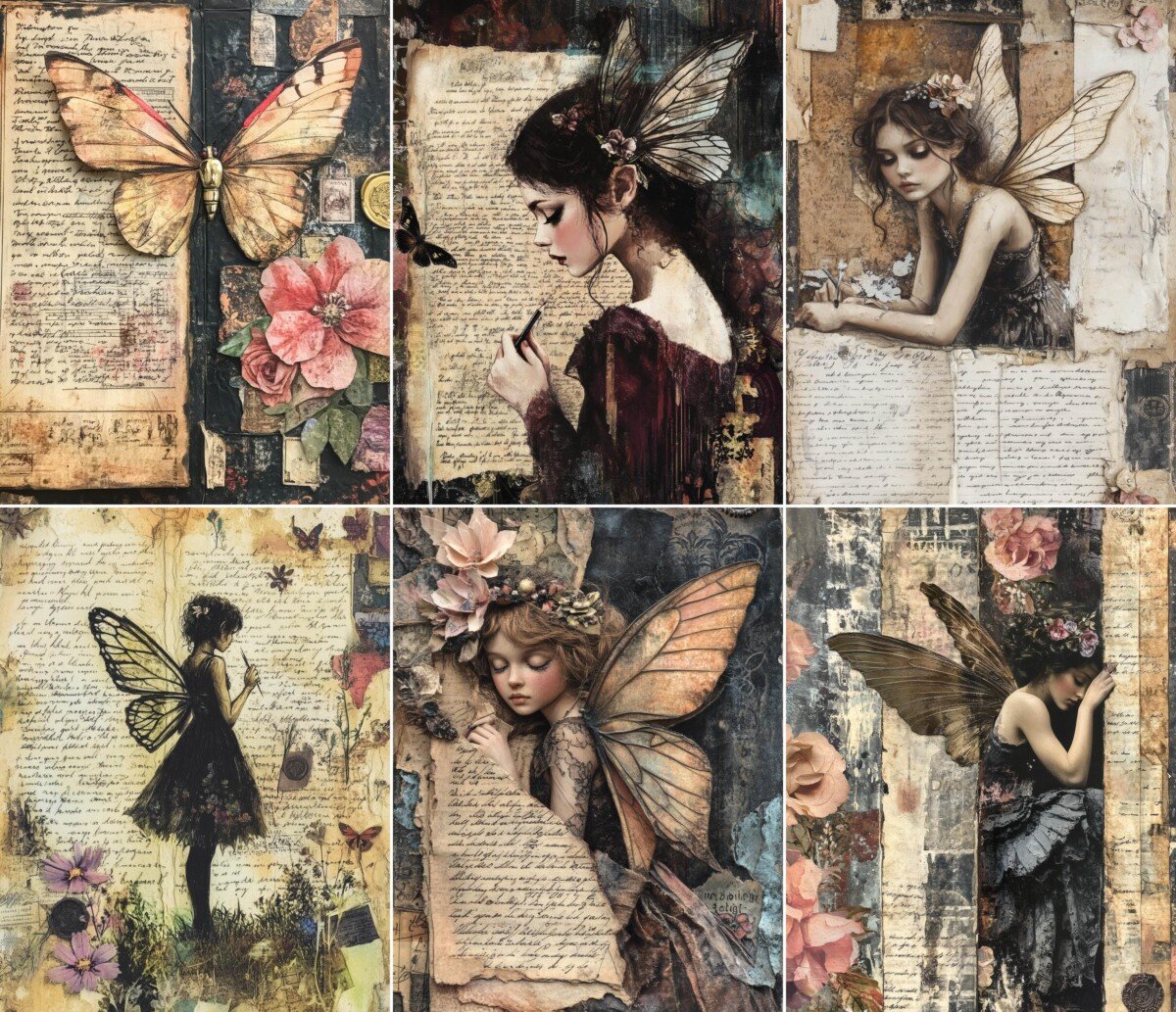 Gothic fairy manuscript pages with butterfly wings and pink flowers