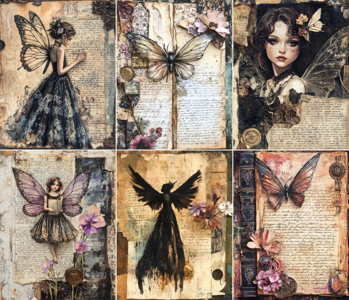 Fairy portraits and butterfly wings layered over vintage handwritten pages