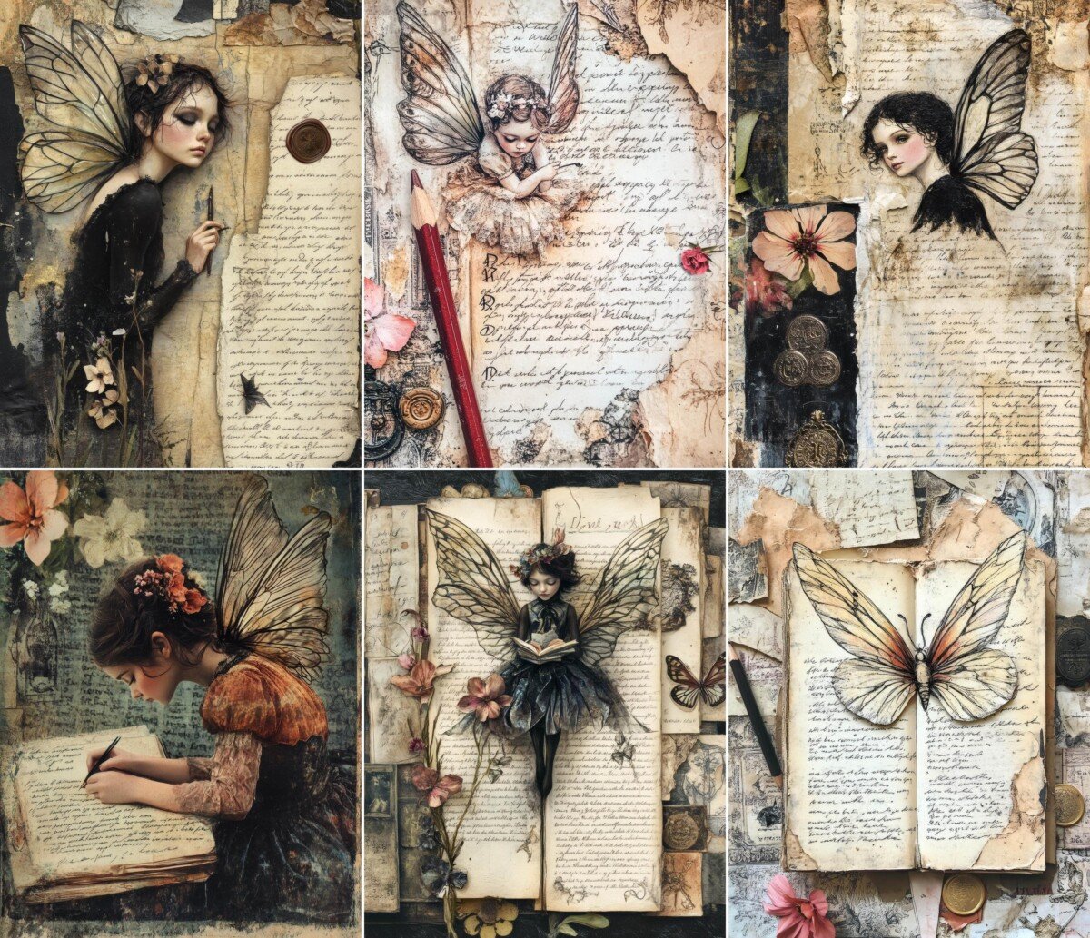 Fairy portraits and butterfly illustration over aged handwritten papers