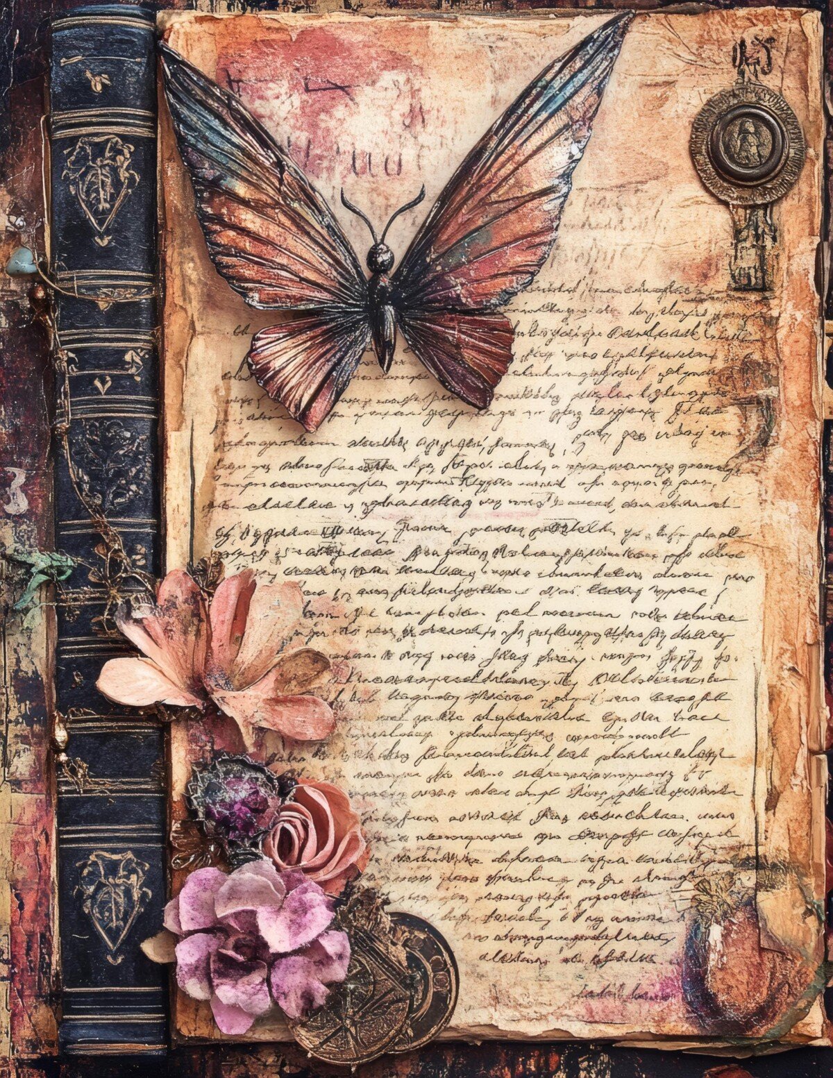 Butterfly illustration on a pink-toned antique manuscript page